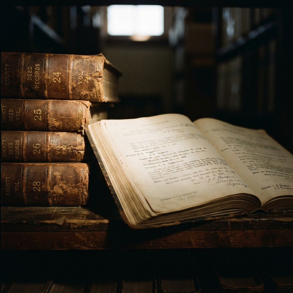 Stacked county deed record books in a courthouse vault