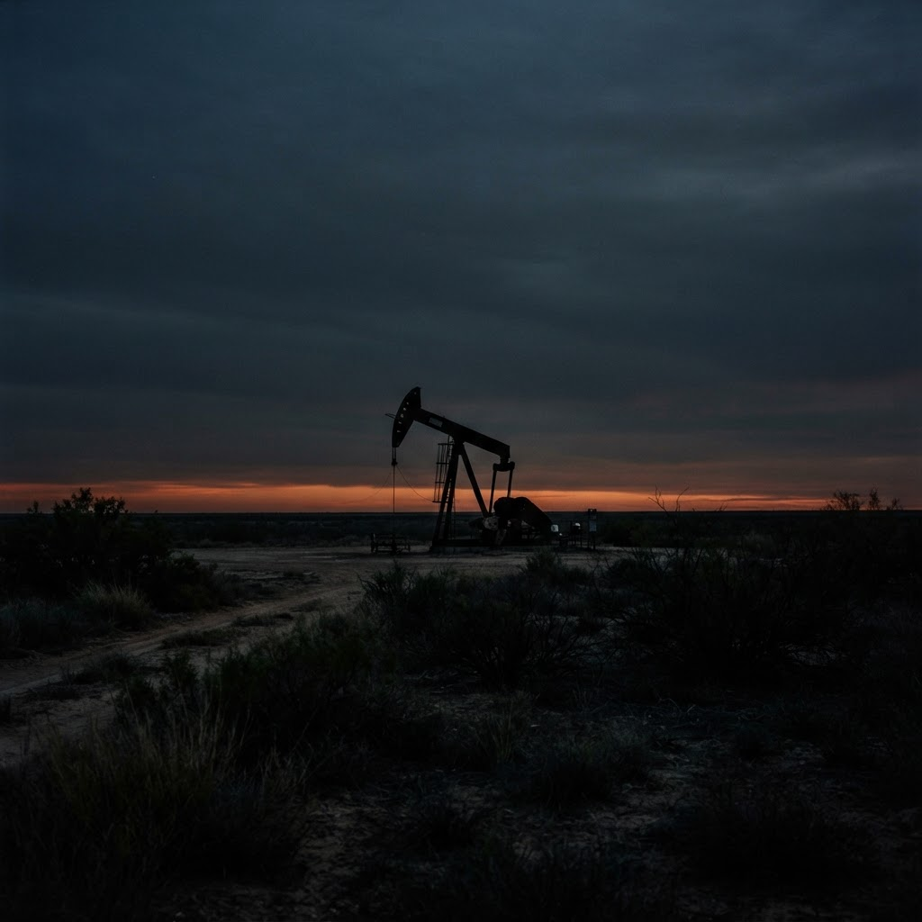 A lone pumpjack on West Texas ranchland at dusk