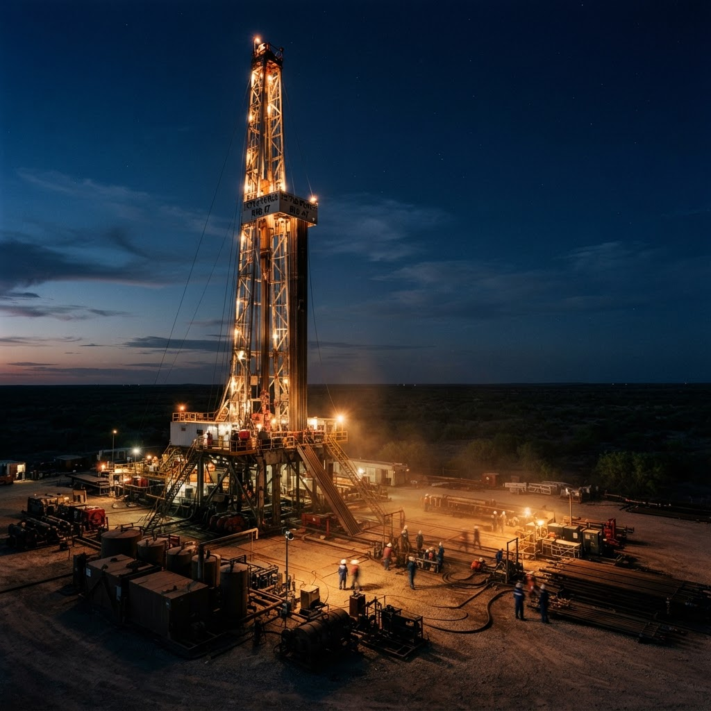 A land drilling rig lit by work lights at twilight